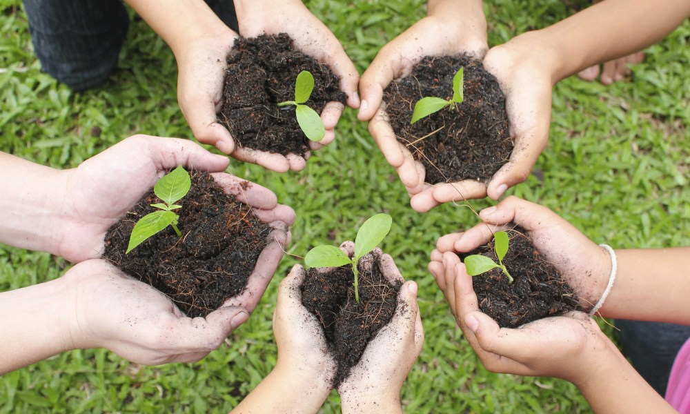 Community holding soil in their hands.