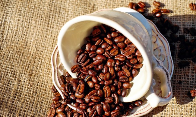 A white coffee cup tipped over on a matching saucer with roasted coffee beans spilling out of it