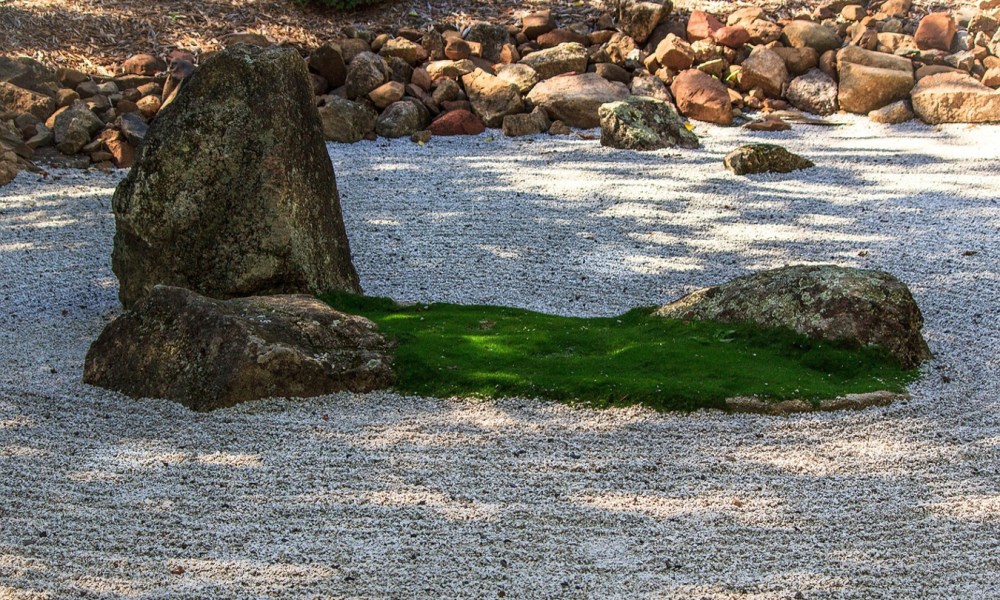 A zen garden with moss in the center