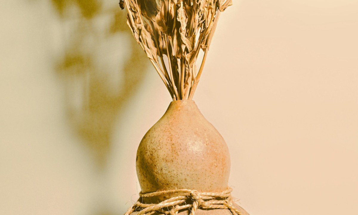 A vase made from a dried gourd with flowers in it